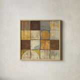 Tango Square II Neutral by Mike Schick. Shown in a natural wood glass frame for a timeless modern aesthetic. Available as an archival giclee rolled canvas, fine art paper, or poster print. SKU 10401a.