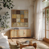 Tango Square II Neutral by Mike Schick. Shown in a natural wood frame in a cozy modern living room. Available as an archival giclee rolled canvas, fine art paper, or poster print. SKU 10401a.