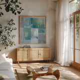 Trans Blues Before Sunrise by Mike Schick. Shown in a natural wood frame in a cozy modern living room. Available as an archival giclee rolled canvas, fine art paper, or poster print. SKU 34198a.