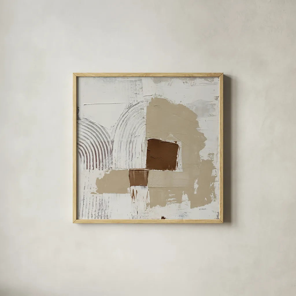 Transformation Brown by Mike Schick. Shown in a natural wood glass frame for a timeless modern aesthetic. Available as an archival giclee rolled canvas, fine art paper, or poster print. SKU 91301a.