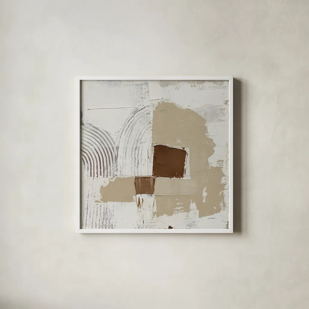 Transformation Brown by Mike Schick. Shown in a crisp white glass frame for a clean and minimalist style. Available as an archival giclee rolled canvas, fine art paper, or poster print. SKU 91301a.