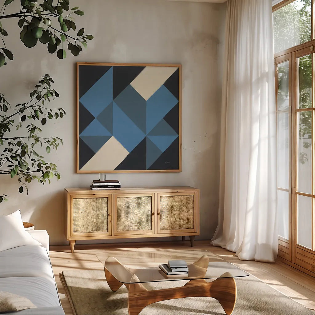 Triangles I by Mike Schick. Shown in a natural wood frame in a cozy modern living room. Available as an archival giclee rolled canvas, fine art paper, or poster print. SKU 69652a.