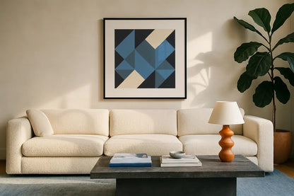 Triangles I by Mike Schick. Displayed in a glass frame with matte in a clean modern living room. Available as an archival giclee rolled canvas, fine art paper, or poster print. SKU 69652a.