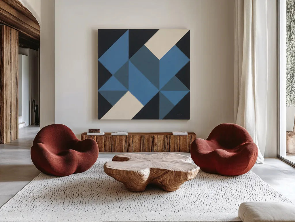 Triangles I by Mike Schick. Shown as extra-large giant wall art in a modern living room. Available as an archival giclee rolled canvas, fine art paper, or poster print. SKU 69652a.