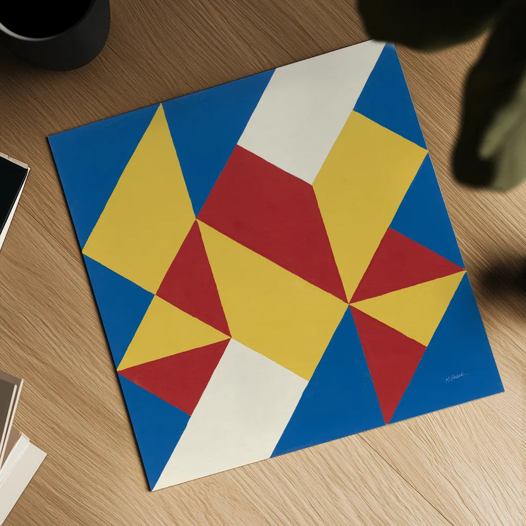 Triangles I Bright Primary by Mike Schick. Shown as a detailed flat fine art print, highlighting archival giclee quality. Available as an archival giclee rolled canvas, fine art paper, or poster print. SKU 82310a.