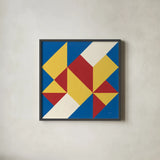 Triangles I Bright Primary by Mike Schick. Shown in a sleek black glass frame for a contemporary gallery look. Available as an archival giclee rolled canvas, fine art paper, or poster print. SKU 82310a.