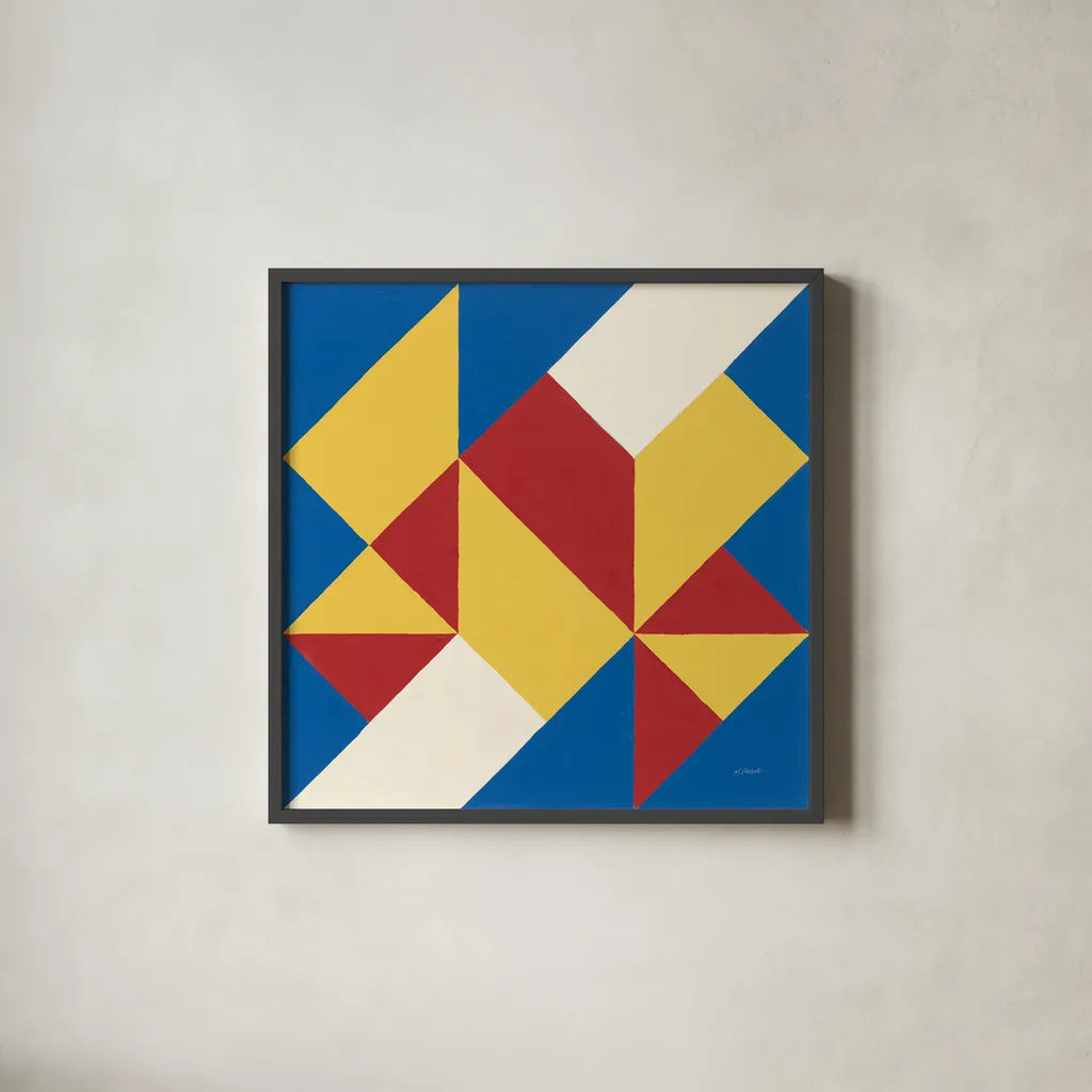 Triangles I Bright Primary by Mike Schick. Shown in a sleek black glass frame for a contemporary gallery look. Available as an archival giclee rolled canvas, fine art paper, or poster print. SKU 82310a.