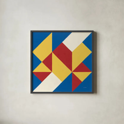 Triangles I Bright Primary by Mike Schick. Shown in a sleek black glass frame for a contemporary gallery look. Available as an archival giclee rolled canvas, fine art paper, or poster print. SKU 82310a.