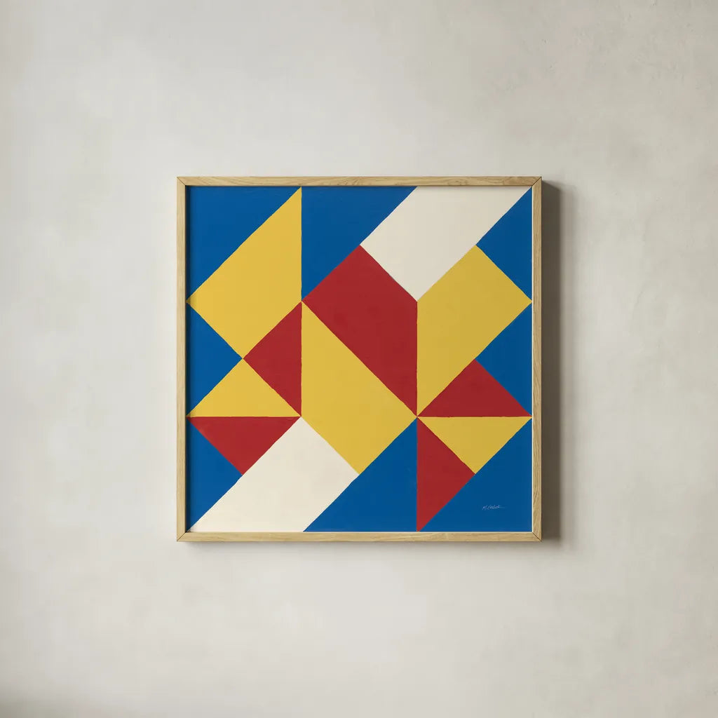 Triangles I Bright Primary by Mike Schick. Shown in a natural wood glass frame for a timeless modern aesthetic. Available as an archival giclee rolled canvas, fine art paper, or poster print. SKU 82310a.