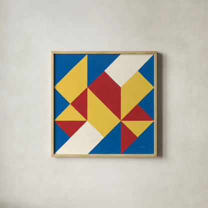 Triangles I Bright Primary by Mike Schick. Shown in a natural wood glass frame for a timeless modern aesthetic. Available as an archival giclee rolled canvas, fine art paper, or poster print. SKU 82310a.