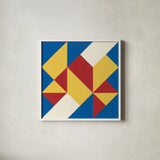 Triangles I Bright Primary by Mike Schick. Shown in a crisp white glass frame for a clean and minimalist style. Available as an archival giclee rolled canvas, fine art paper, or poster print. SKU 82310a.