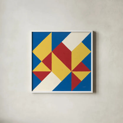 Triangles I Bright Primary by Mike Schick. Shown in a crisp white glass frame for a clean and minimalist style. Available as an archival giclee rolled canvas, fine art paper, or poster print. SKU 82310a.