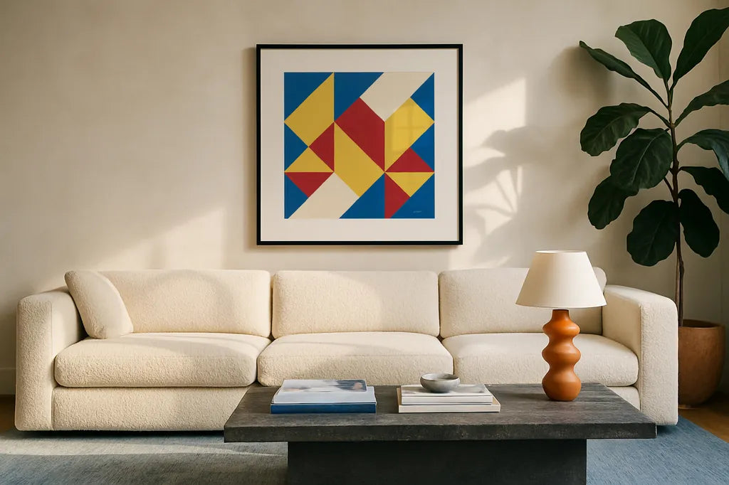 Triangles I Bright Primary by Mike Schick. Displayed in a glass frame with matte in a clean modern living room. Available as an archival giclee rolled canvas, fine art paper, or poster print. SKU 82310a.