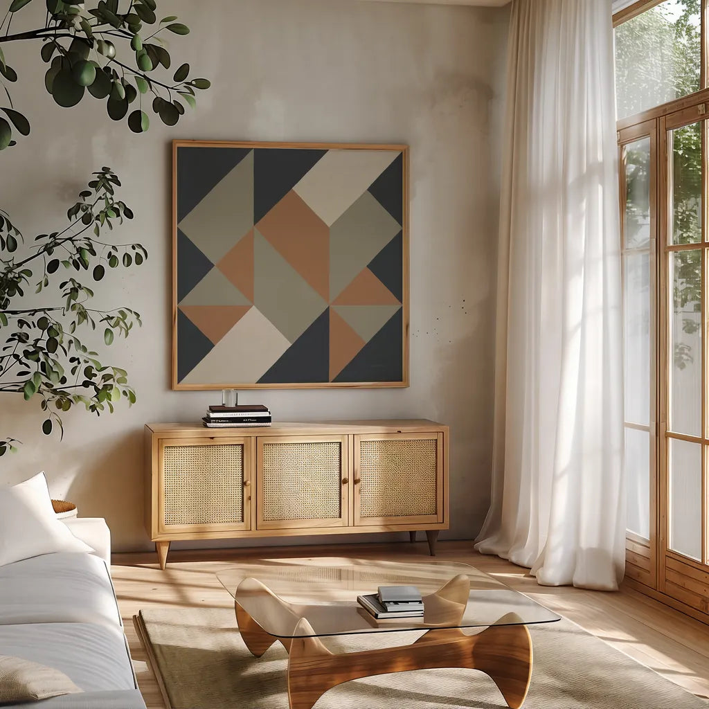 Triangles I Highland by Mike Schick. Shown in a natural wood frame in a cozy modern living room. Available as an archival giclee rolled canvas, fine art paper, or poster print. SKU 69859a.