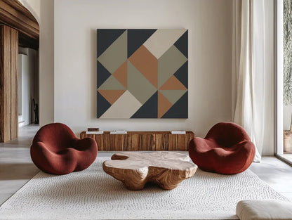 Triangles I Highland by Mike Schick. Shown as extra-large giant wall art in a modern living room. Available as an archival giclee rolled canvas, fine art paper, or poster print. SKU 69859a.