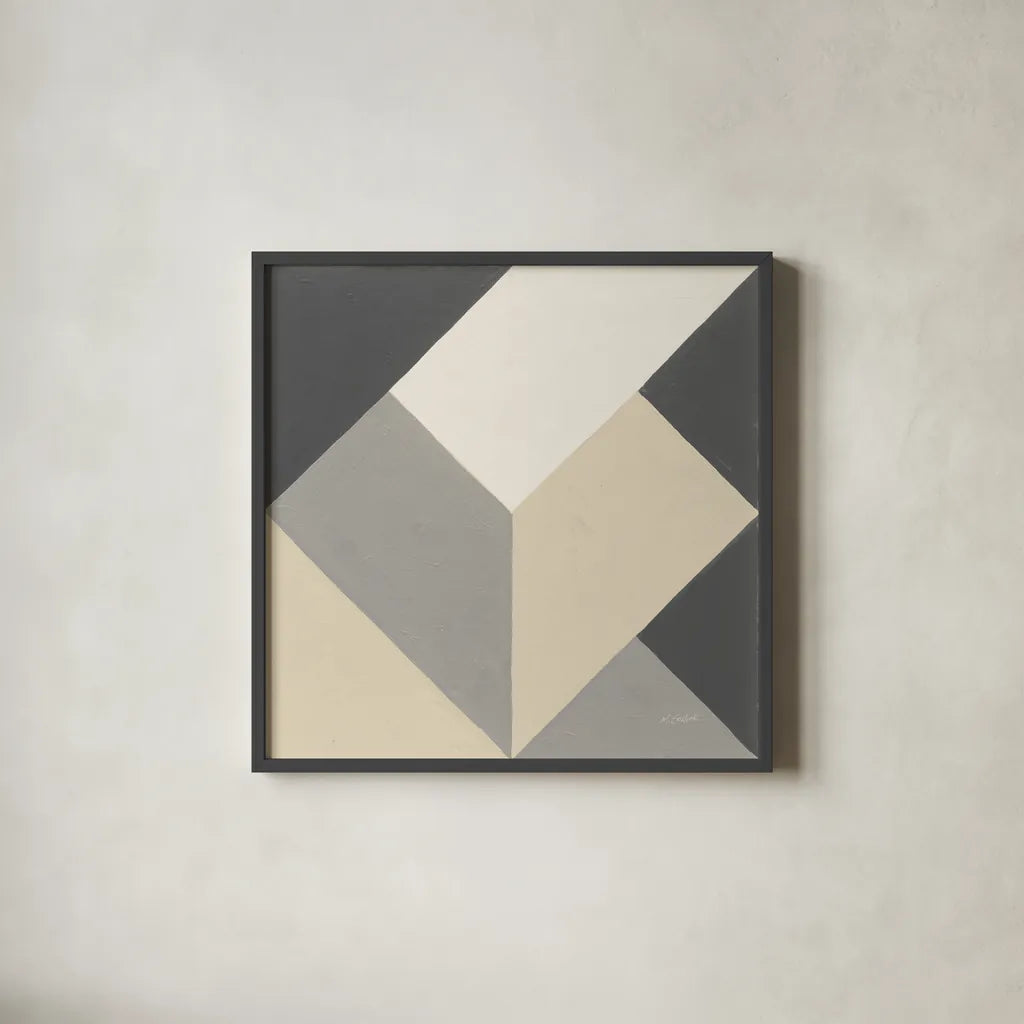 Triangles I Neutral Crop by Mike Schick. Shown in a sleek black glass frame for a contemporary gallery look. Available as an archival giclee rolled canvas, fine art paper, or poster print. SKU 70241a.