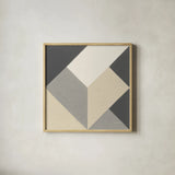 Triangles I Neutral Crop by Mike Schick. Shown in a natural wood glass frame for a timeless modern aesthetic. Available as an archival giclee rolled canvas, fine art paper, or poster print. SKU 70241a.
