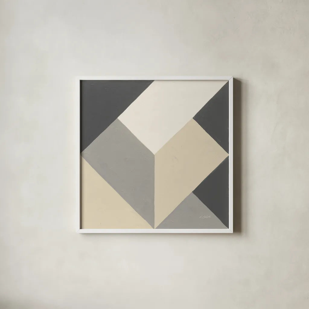 Triangles I Neutral Crop by Mike Schick. Shown in a crisp white glass frame for a clean and minimalist style. Available as an archival giclee rolled canvas, fine art paper, or poster print. SKU 70241a.