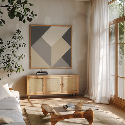 Triangles I Neutral Crop by Mike Schick. Shown in a natural wood frame in a cozy modern living room. Available as an archival giclee rolled canvas, fine art paper, or poster print. SKU 70241a.