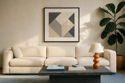 Triangles I Neutral Crop by Mike Schick. Displayed in a glass frame with matte in a clean modern living room. Available as an archival giclee rolled canvas, fine art paper, or poster print. SKU 70241a.