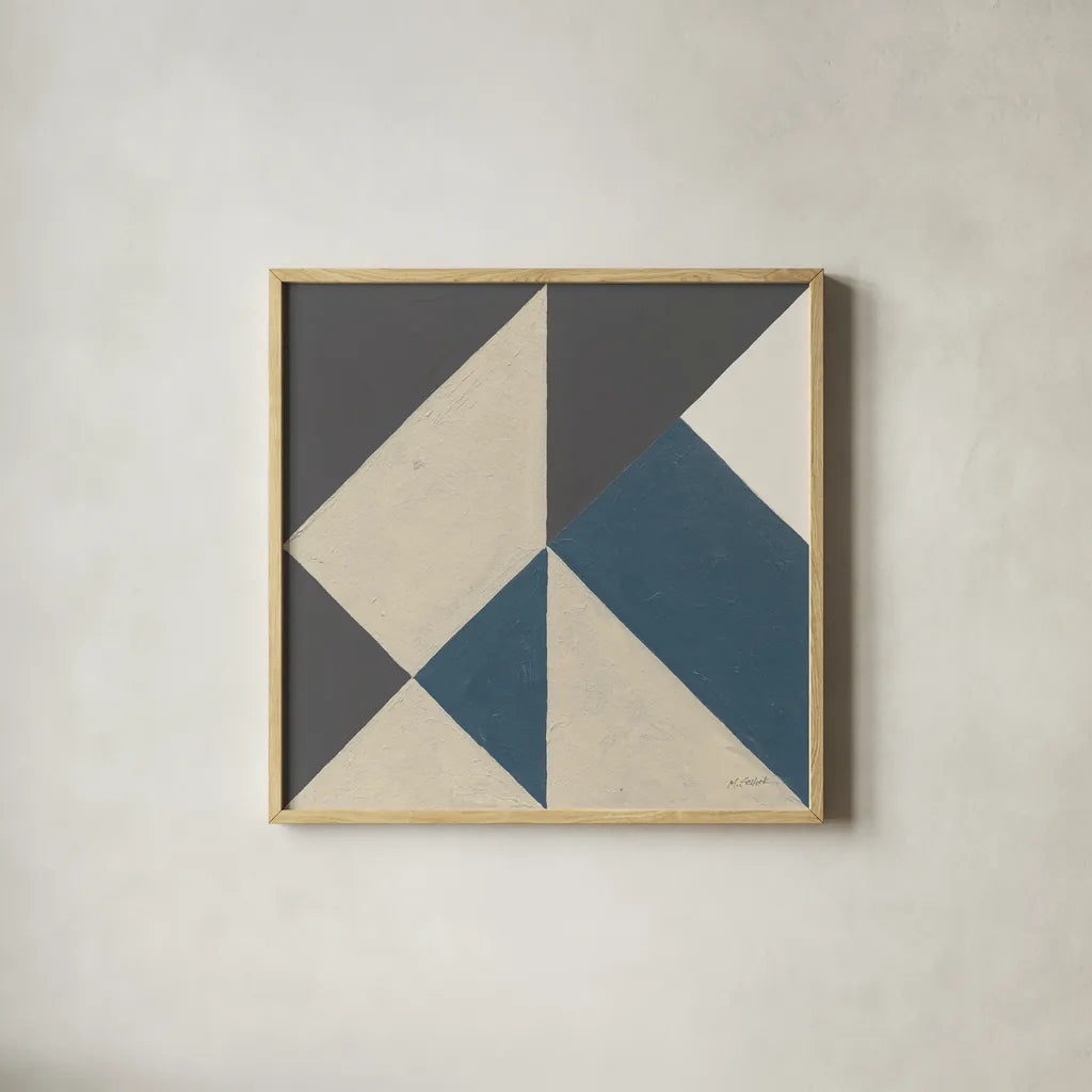 Triangles I Teal Crop by Mike Schick. Shown in a natural wood glass frame for a timeless modern aesthetic. Available as an archival giclee rolled canvas, fine art paper, or poster print. SKU 79789a.