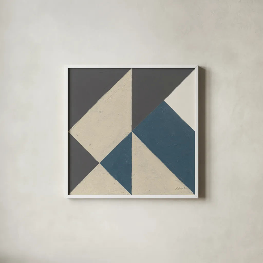 Triangles I Teal Crop by Mike Schick. Shown in a crisp white glass frame for a clean and minimalist style. Available as an archival giclee rolled canvas, fine art paper, or poster print. SKU 79789a.