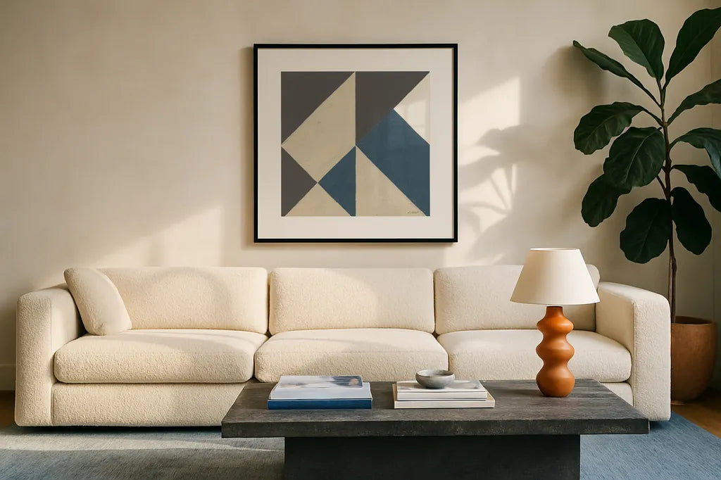 Triangles I Teal Crop by Mike Schick. Displayed in a glass frame with matte in a clean modern living room. Available as an archival giclee rolled canvas, fine art paper, or poster print. SKU 79789a.
