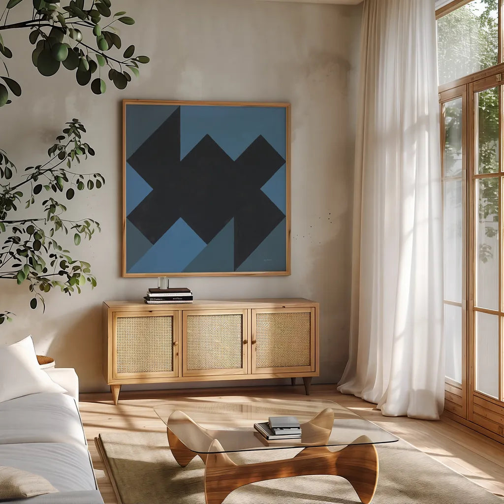 Triangles II by Mike Schick. Shown in a natural wood frame in a cozy modern living room. Available as an archival giclee rolled canvas, fine art paper, or poster print. SKU 69653a.