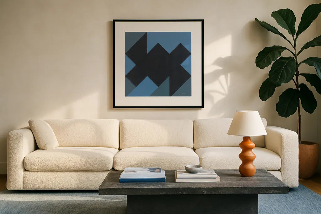 Triangles II by Mike Schick. Displayed in a glass frame with matte in a clean modern living room. Available as an archival giclee rolled canvas, fine art paper, or poster print. SKU 69653a.
