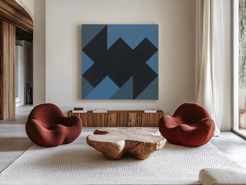 Triangles II by Mike Schick. Shown as extra-large giant wall art in a modern living room. Available as an archival giclee rolled canvas, fine art paper, or poster print. SKU 69653a.