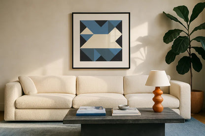 Triangles III by Mike Schick. Displayed in a glass frame with matte in a clean modern living room. Available as an archival giclee rolled canvas, fine art paper, or poster print. SKU 69654a.