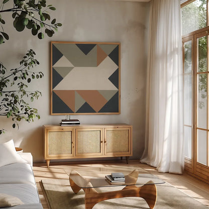Triangles III Highland by Mike Schick. Shown in a natural wood frame in a cozy modern living room. Available as an archival giclee rolled canvas, fine art paper, or poster print. SKU 69860a.