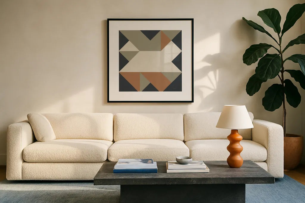 Triangles III Highland by Mike Schick. Displayed in a glass frame with matte in a clean modern living room. Available as an archival giclee rolled canvas, fine art paper, or poster print. SKU 69860a.