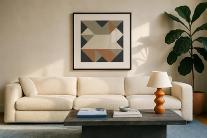 Triangles III Highland by Mike Schick. Displayed in a glass frame with matte in a clean modern living room. Available as an archival giclee rolled canvas, fine art paper, or poster print. SKU 69860a.