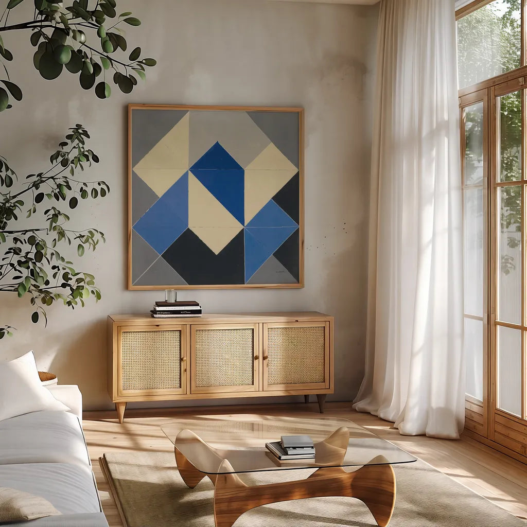 Triangles IV by Mike Schick. Shown in a natural wood frame in a cozy modern living room. Available as an archival giclee rolled canvas, fine art paper, or poster print. SKU 69655a.