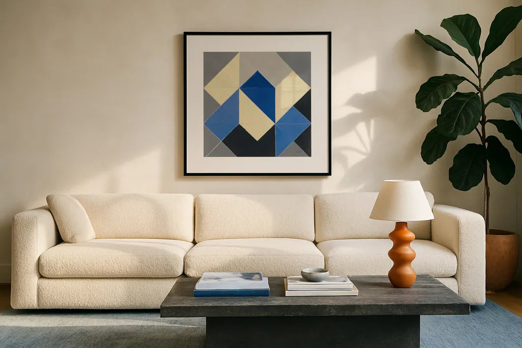 Triangles IV by Mike Schick. Displayed in a glass frame with matte in a clean modern living room. Available as an archival giclee rolled canvas, fine art paper, or poster print. SKU 69655a.