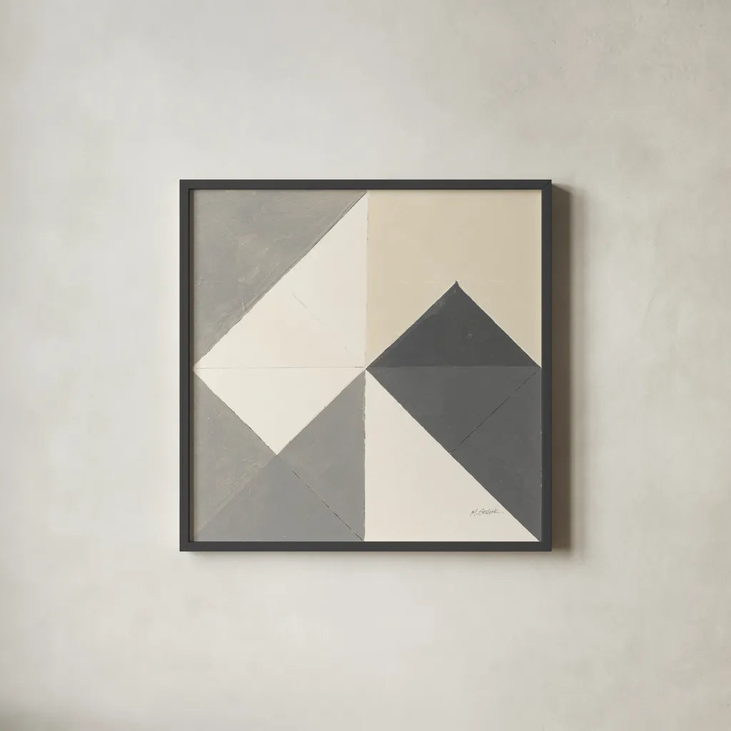 Triangles IV Neutral Crop by Mike Schick. Shown in a sleek black glass frame for a contemporary gallery look. Available as an archival giclee rolled canvas, fine art paper, or poster print. SKU 70242a.