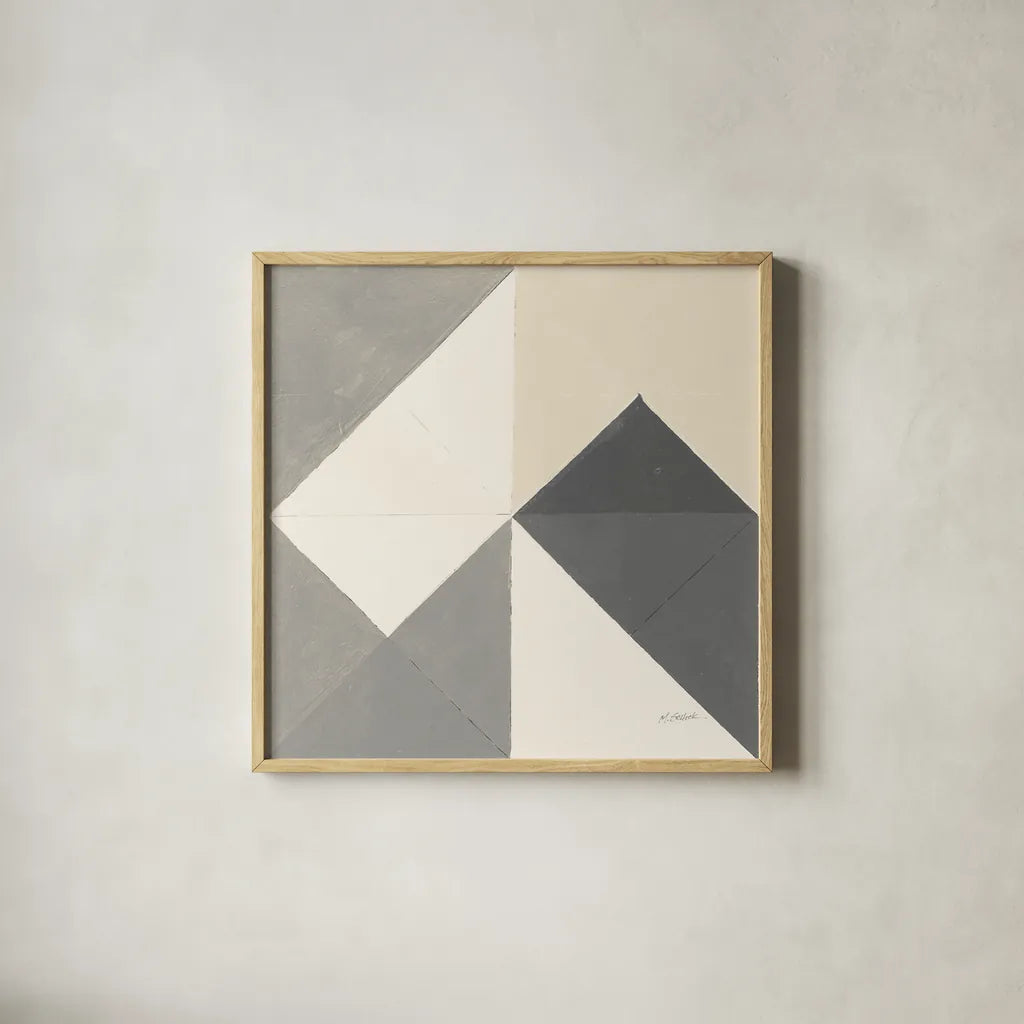 Triangles IV Neutral Crop by Mike Schick. Shown in a natural wood glass frame for a timeless modern aesthetic. Available as an archival giclee rolled canvas, fine art paper, or poster print. SKU 70242a.