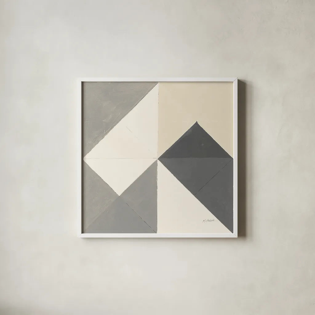 Triangles IV Neutral Crop by Mike Schick. Shown in a crisp white glass frame for a clean and minimalist style. Available as an archival giclee rolled canvas, fine art paper, or poster print. SKU 70242a.