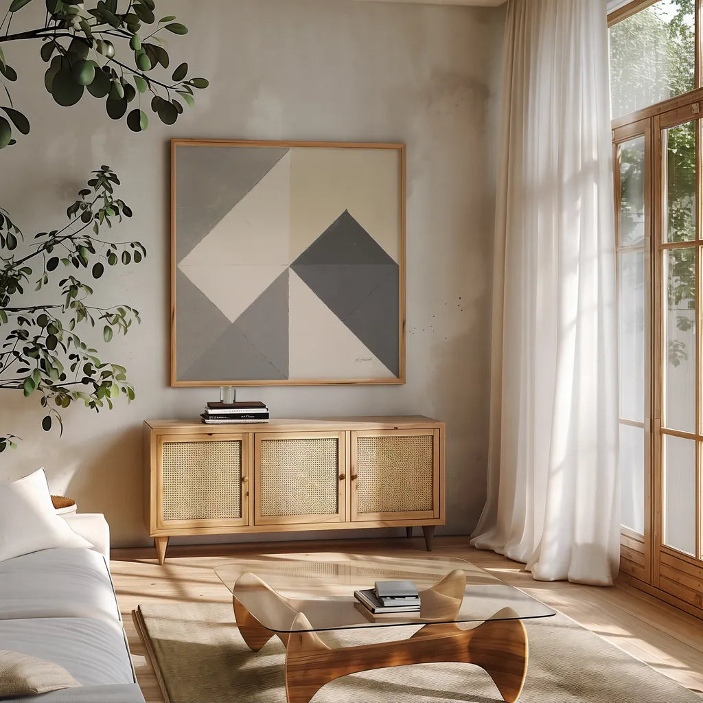 Triangles IV Neutral Crop by Mike Schick. Shown in a natural wood frame in a cozy modern living room. Available as an archival giclee rolled canvas, fine art paper, or poster print. SKU 70242a.