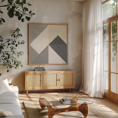 Triangles IV Neutral Crop by Mike Schick. Shown in a natural wood frame in a cozy modern living room. Available as an archival giclee rolled canvas, fine art paper, or poster print. SKU 70242a.