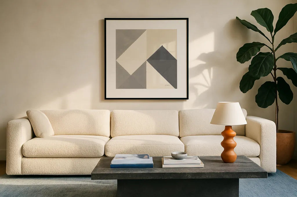Triangles IV Neutral Crop by Mike Schick. Displayed in a glass frame with matte in a clean modern living room. Available as an archival giclee rolled canvas, fine art paper, or poster print. SKU 70242a.