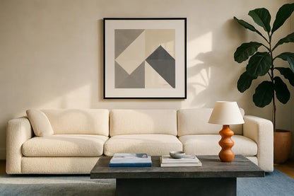 Triangles IV Neutral Crop by Mike Schick. Displayed in a glass frame with matte in a clean modern living room. Available as an archival giclee rolled canvas, fine art paper, or poster print. SKU 70242a.