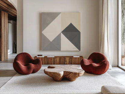 Triangles IV Neutral Crop by Mike Schick. Shown as extra-large giant wall art in a modern living room. Available as an archival giclee rolled canvas, fine art paper, or poster print. SKU 70242a.