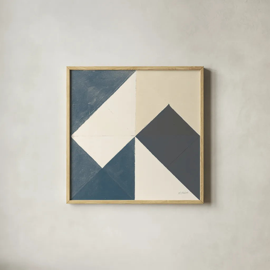 Triangles IV Teal Crop by Mike Schick. Shown in a natural wood glass frame for a timeless modern aesthetic. Available as an archival giclee rolled canvas, fine art paper, or poster print. SKU 79790a.