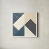 Triangles IV Teal Crop by Mike Schick. Shown in a crisp white glass frame for a clean and minimalist style. Available as an archival giclee rolled canvas, fine art paper, or poster print. SKU 79790a.