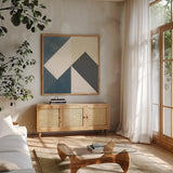 Triangles IV Teal Crop by Mike Schick. Shown in a natural wood frame in a cozy modern living room. Available as an archival giclee rolled canvas, fine art paper, or poster print. SKU 79790a.