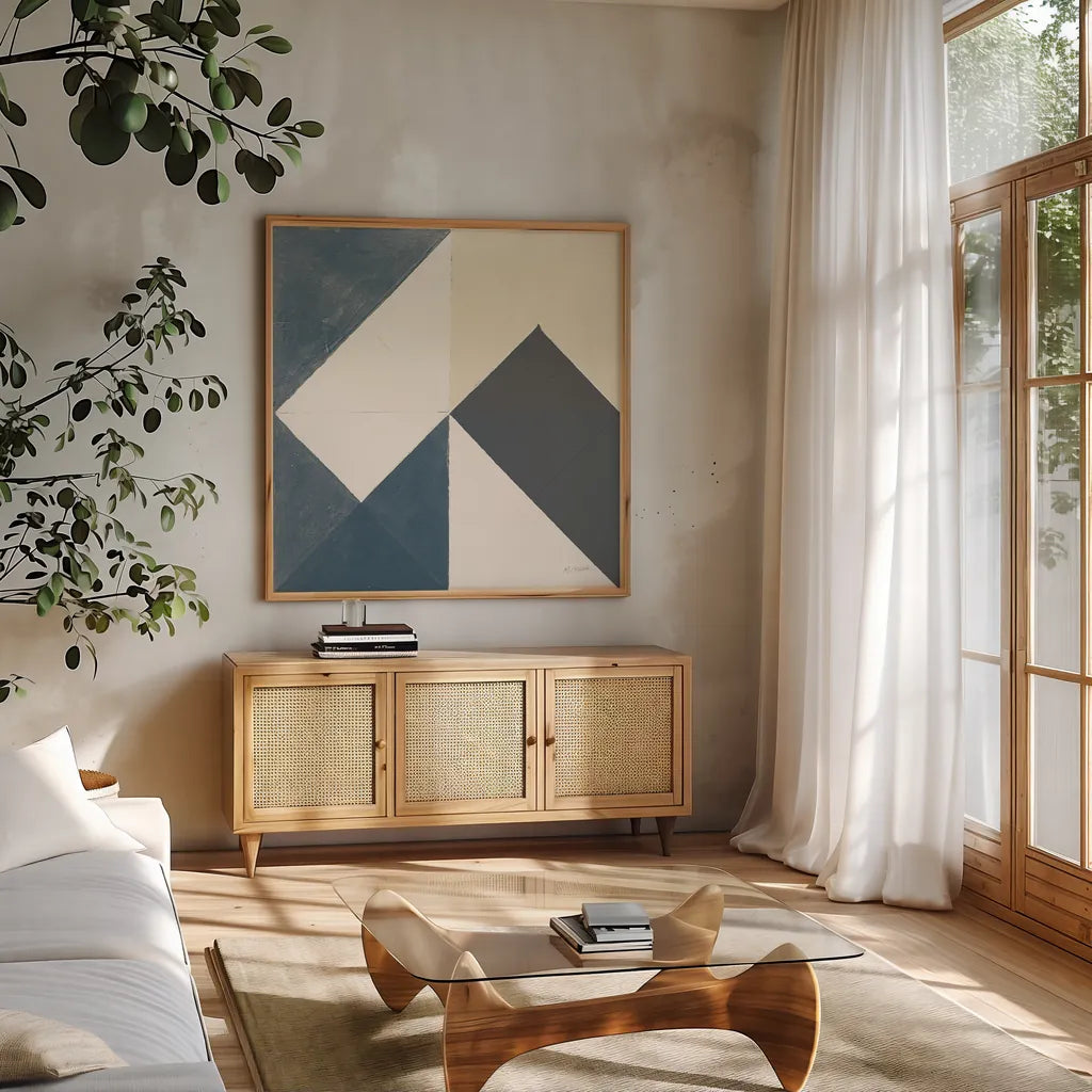 Triangles IV Teal Crop by Mike Schick. Shown in a natural wood frame in a cozy modern living room. Available as an archival giclee rolled canvas, fine art paper, or poster print. SKU 79790a.