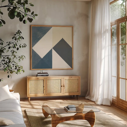 Triangles IV Teal Crop by Mike Schick. Shown in a natural wood frame in a cozy modern living room. Available as an archival giclee rolled canvas, fine art paper, or poster print. SKU 79790a.