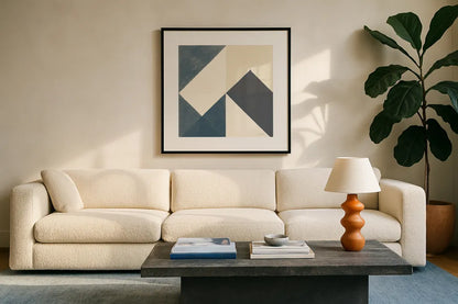 Triangles IV Teal Crop by Mike Schick. Displayed in a glass frame with matte in a clean modern living room. Available as an archival giclee rolled canvas, fine art paper, or poster print. SKU 79790a.